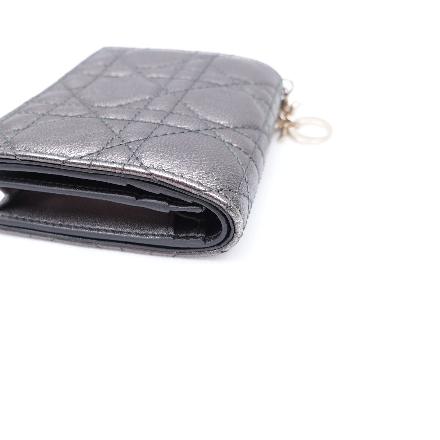 Pre-owned Dior Cannage Grey Calfskin Short Wallet