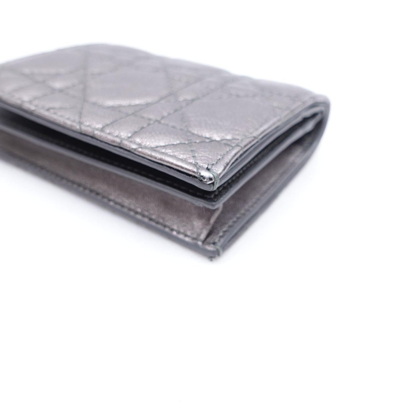 Pre-owned Dior Cannage Grey Calfskin Short Wallet