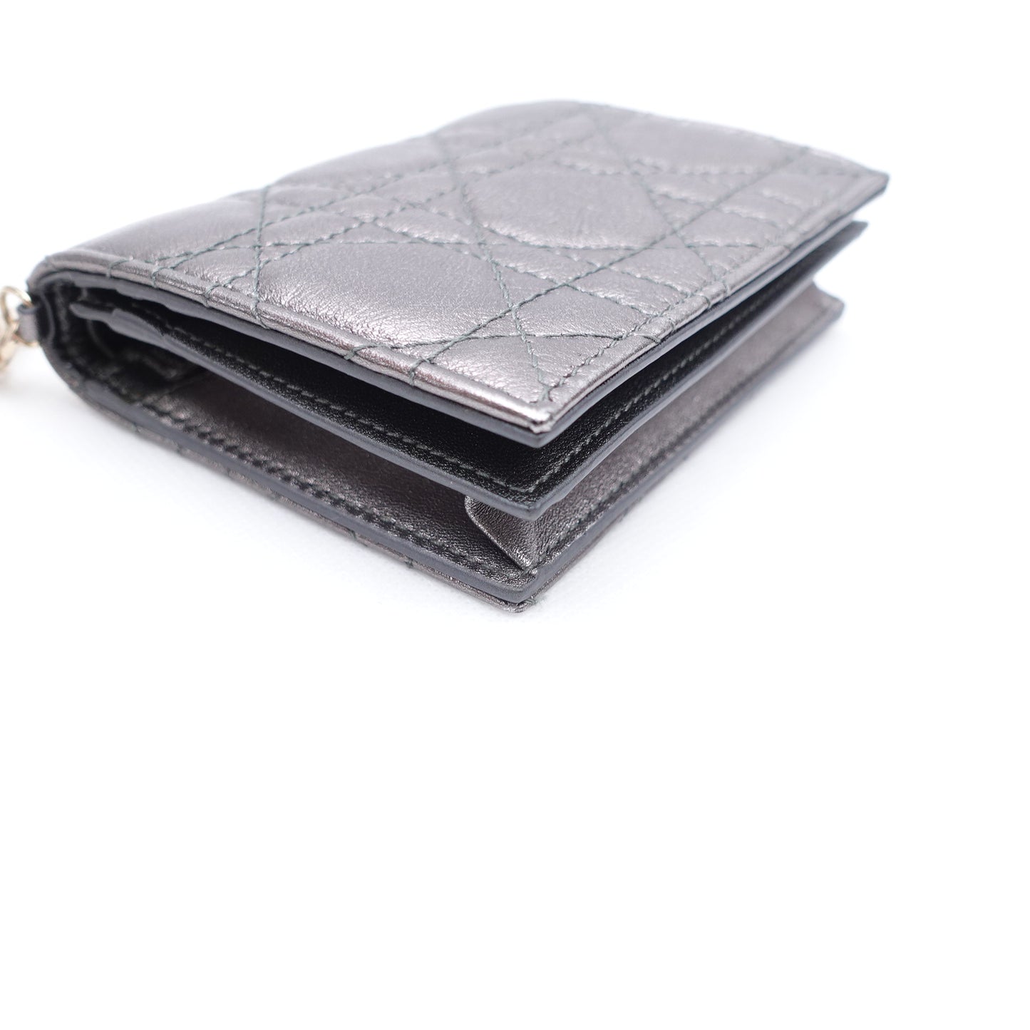 Pre-owned Dior Cannage Grey Calfskin Short Wallet