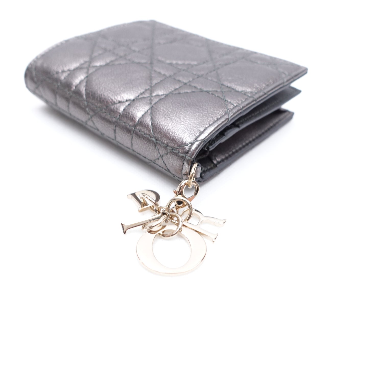 Pre-owned Dior Cannage Grey Calfskin Short Wallet