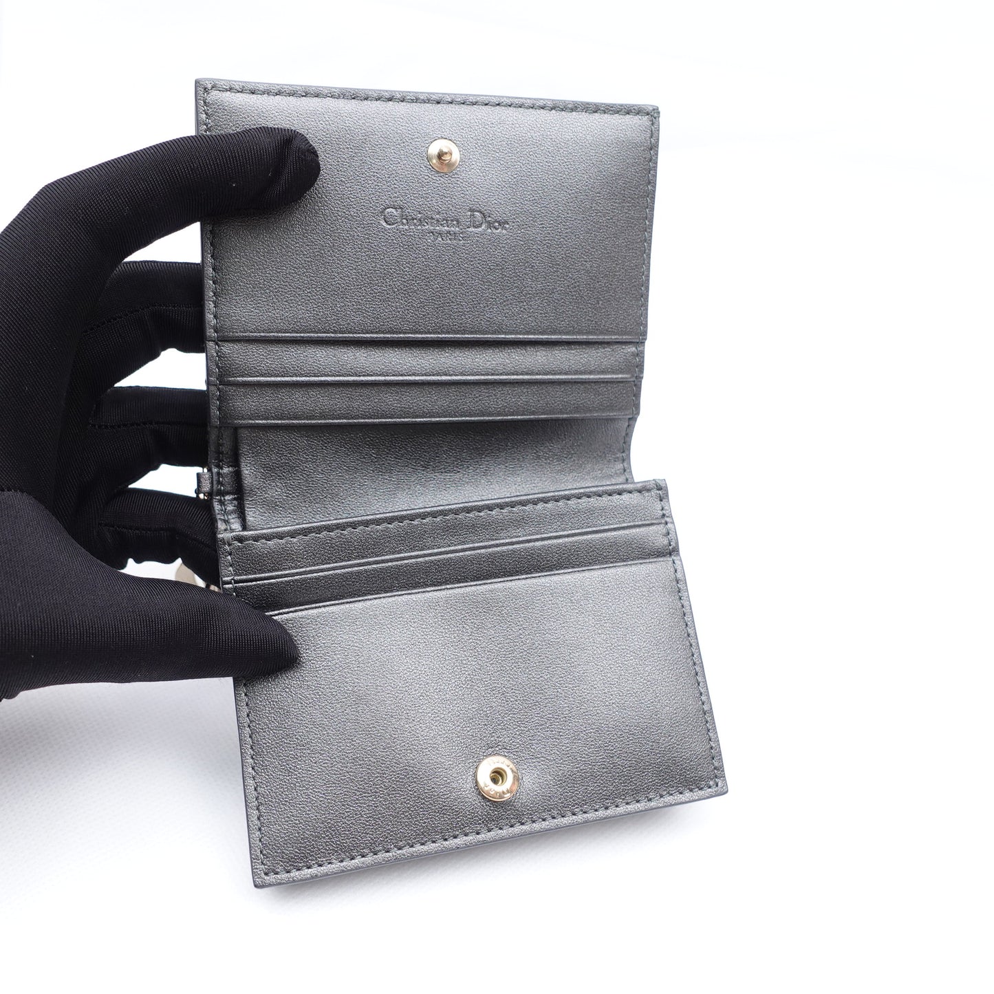Pre-owned Dior Cannage Grey Calfskin Short Wallet