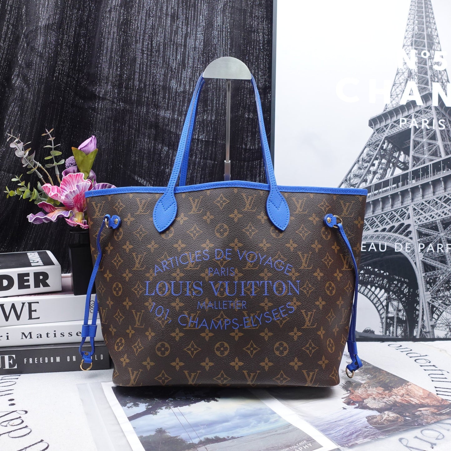 Pre-owned Louis Vuitton Neverfull Monogram & Blue Coated Canvas Shoulder Bag
