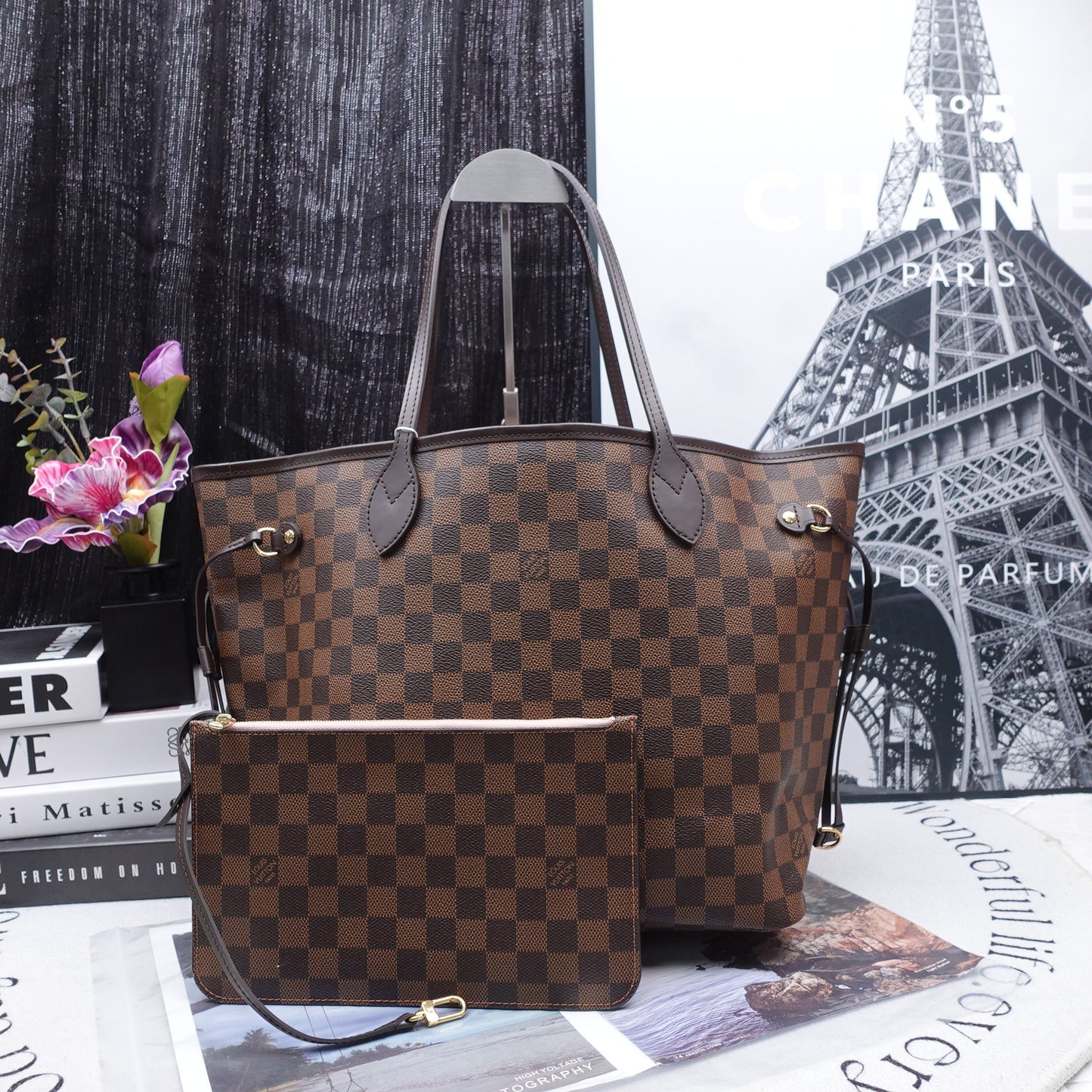 Pre-owned Louis Vuitton Neverfull Daimer Ebene Coated Canvas Tote Bag