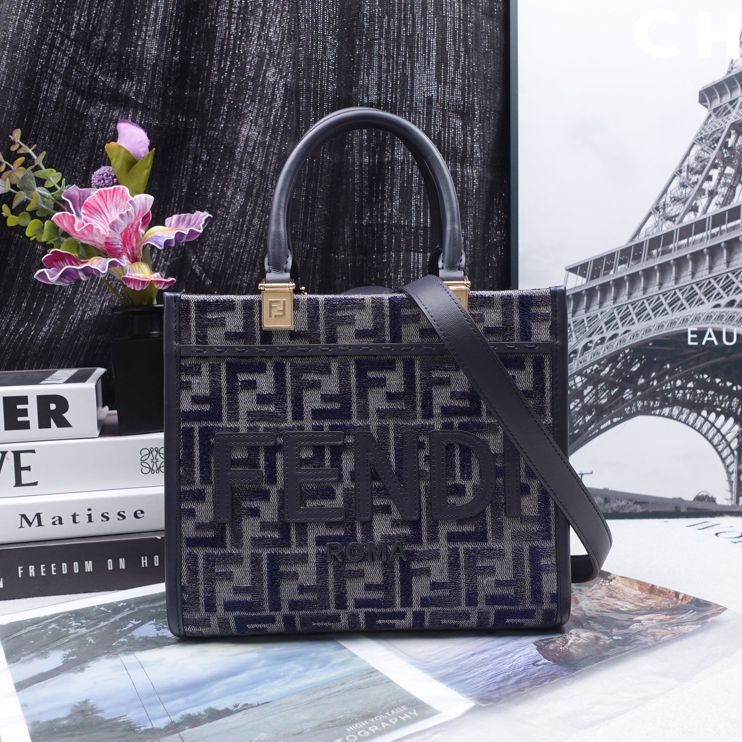 Pre-Owned Fendi Sunshine Blue Calfskin&Canvas Shoulder Bag