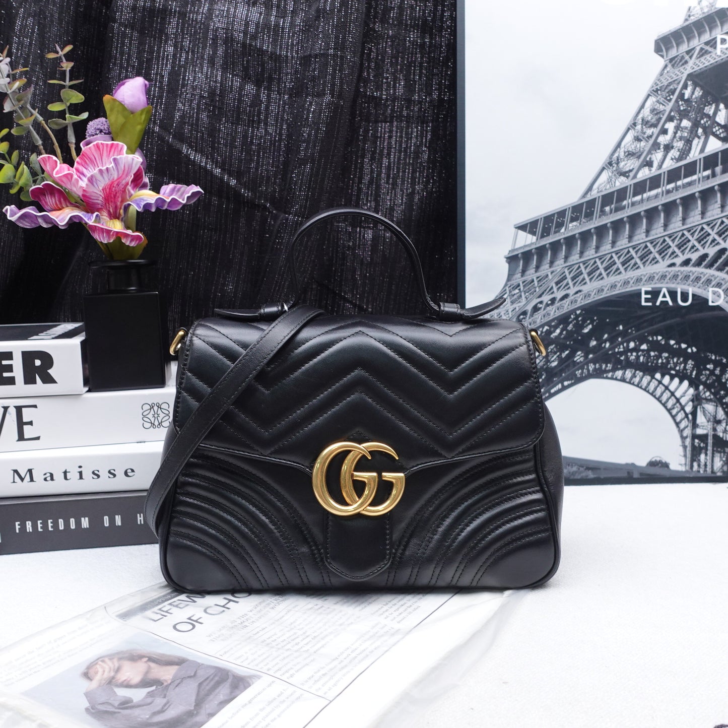 Pre-owned Gucci GG Marmont Black Calfskin Cross Body Bag