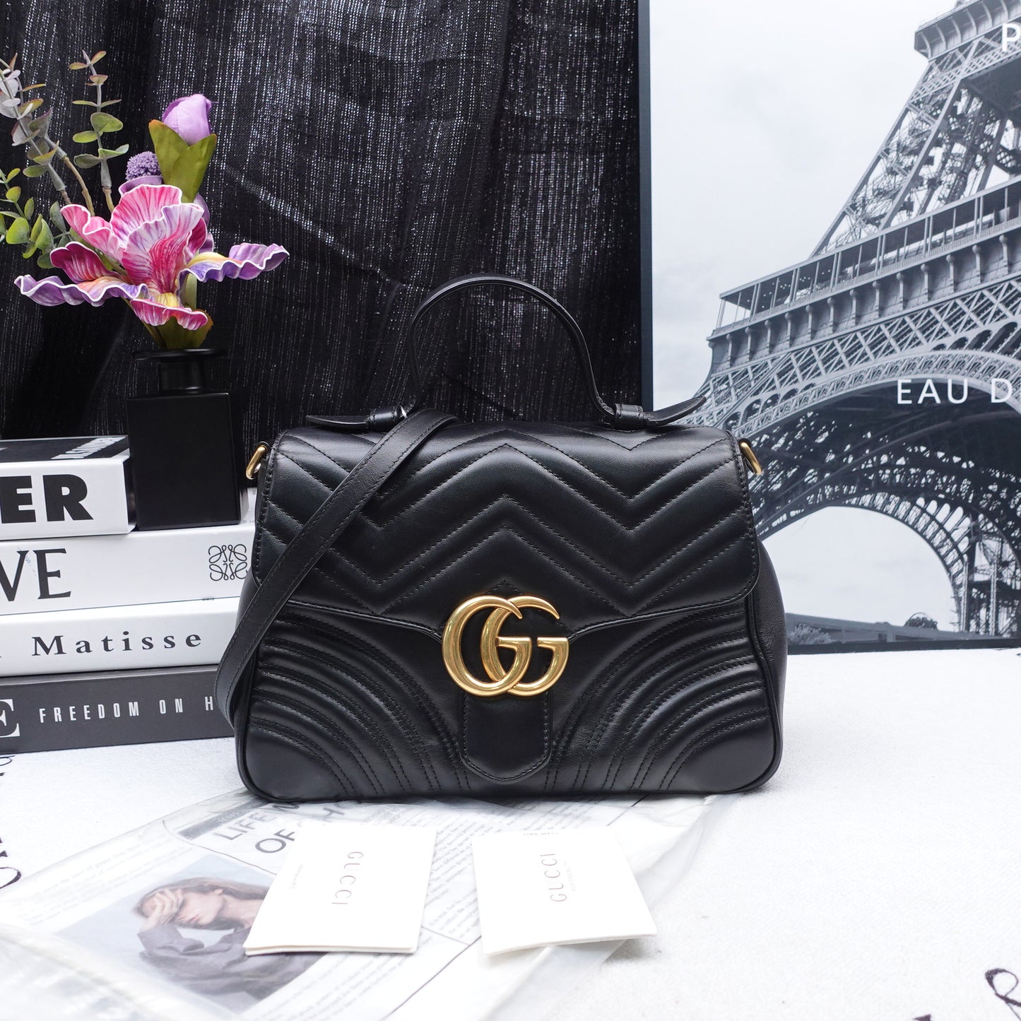 Pre-owned Gucci GG Marmont Black Calfskin Cross Body Bag