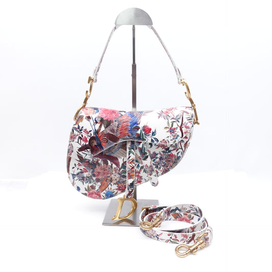 Pre-owned Dior Saddle Floral White Calfskin Shoulder Bag