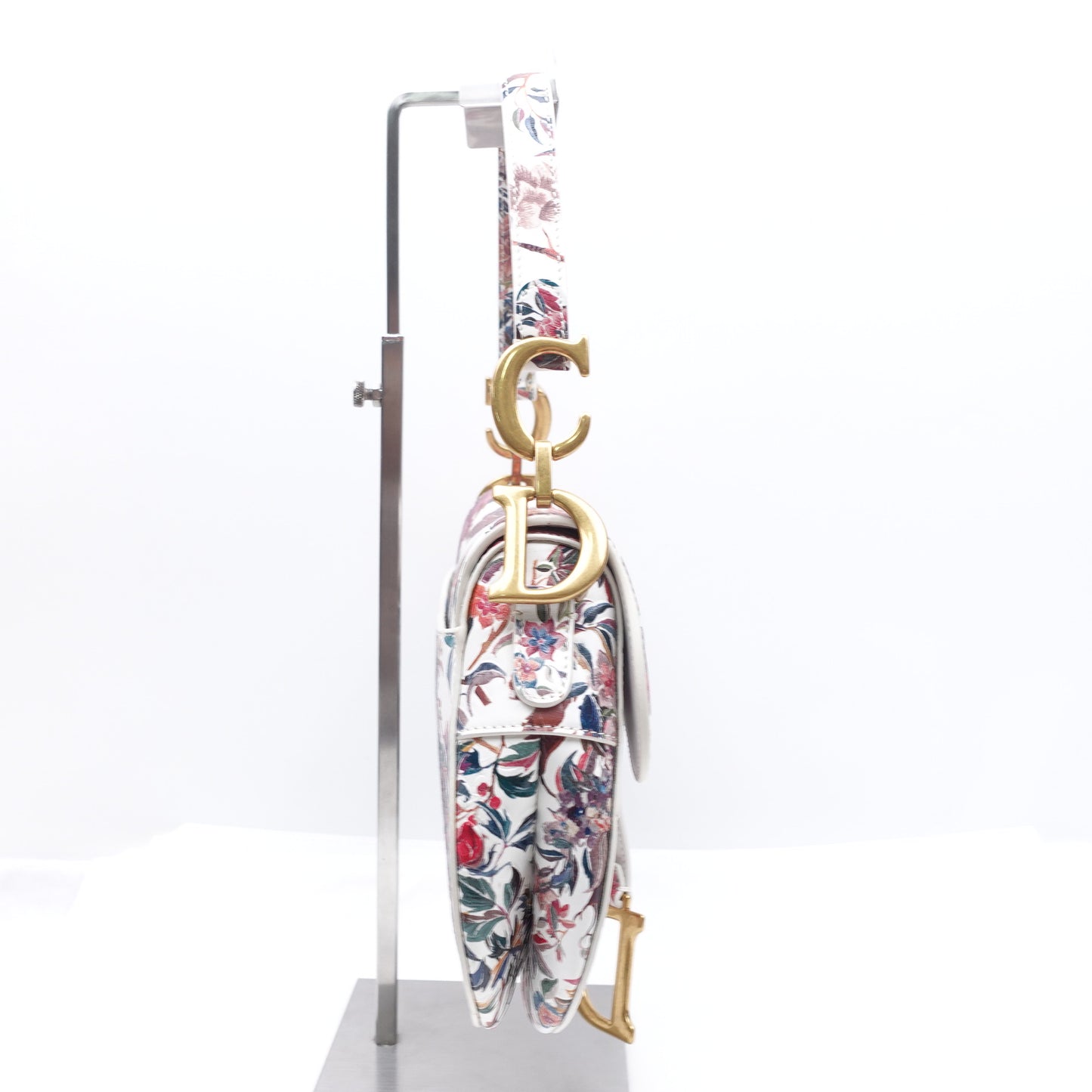 Pre-owned Dior Saddle Floral White Calfskin Shoulder Bag