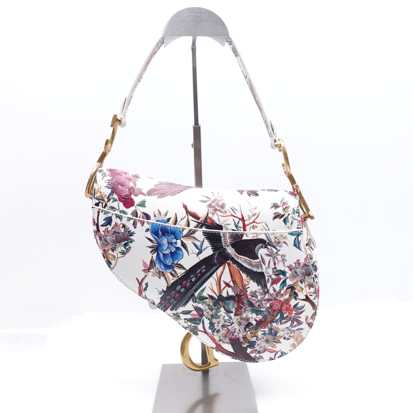 Pre-owned Dior Saddle Floral White Calfskin Shoulder Bag