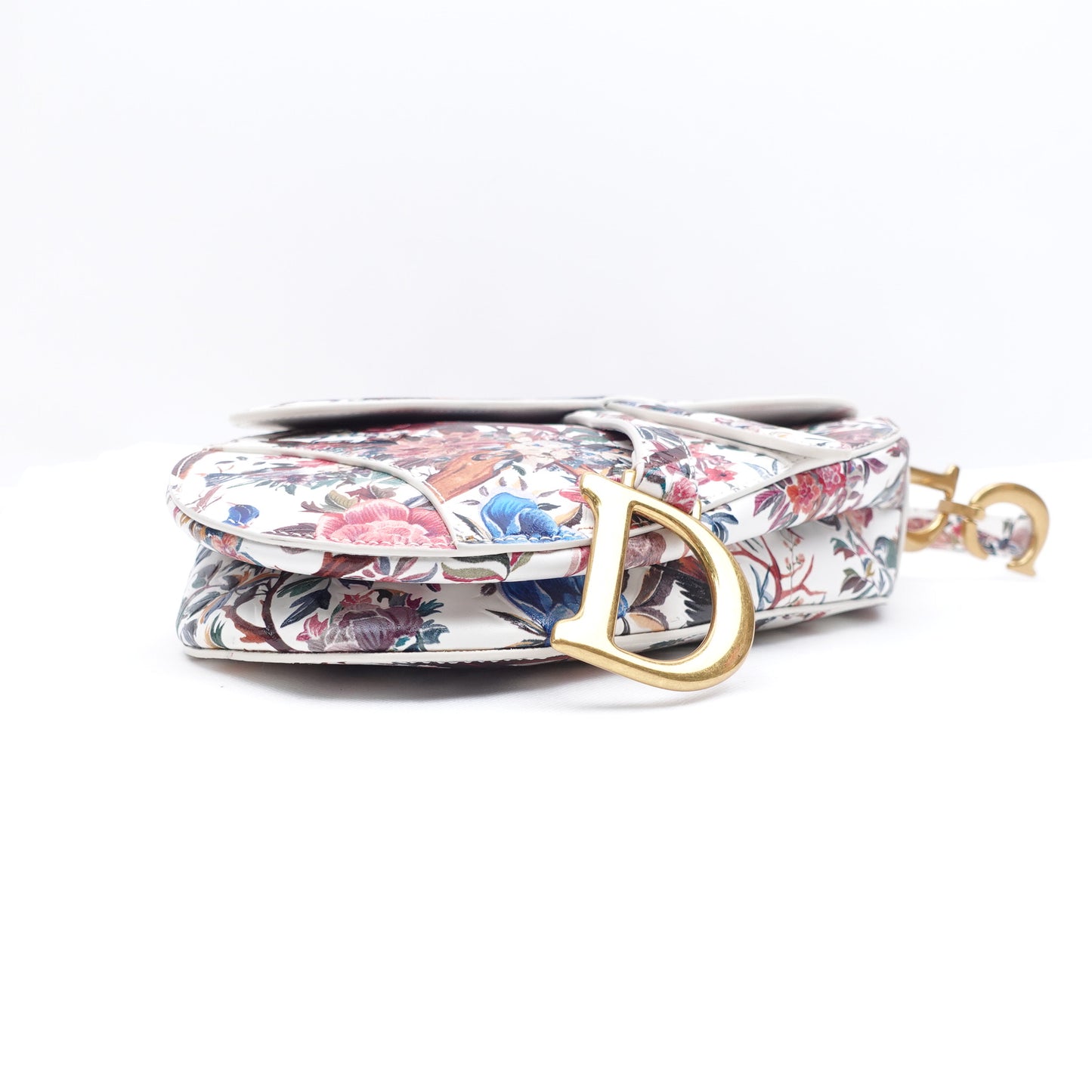 Pre-owned Dior Saddle Floral White Calfskin Shoulder Bag