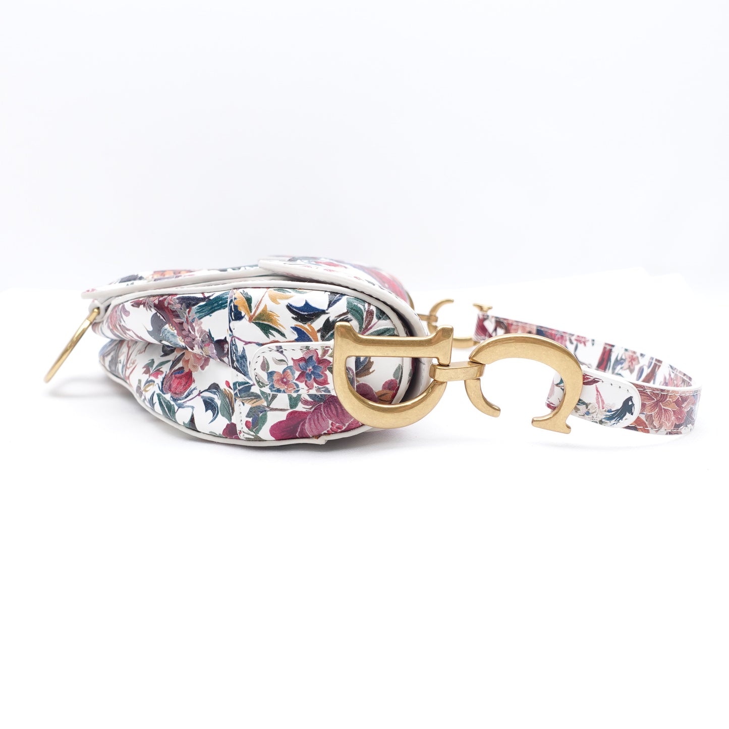 Pre-owned Dior Saddle Floral White Calfskin Shoulder Bag