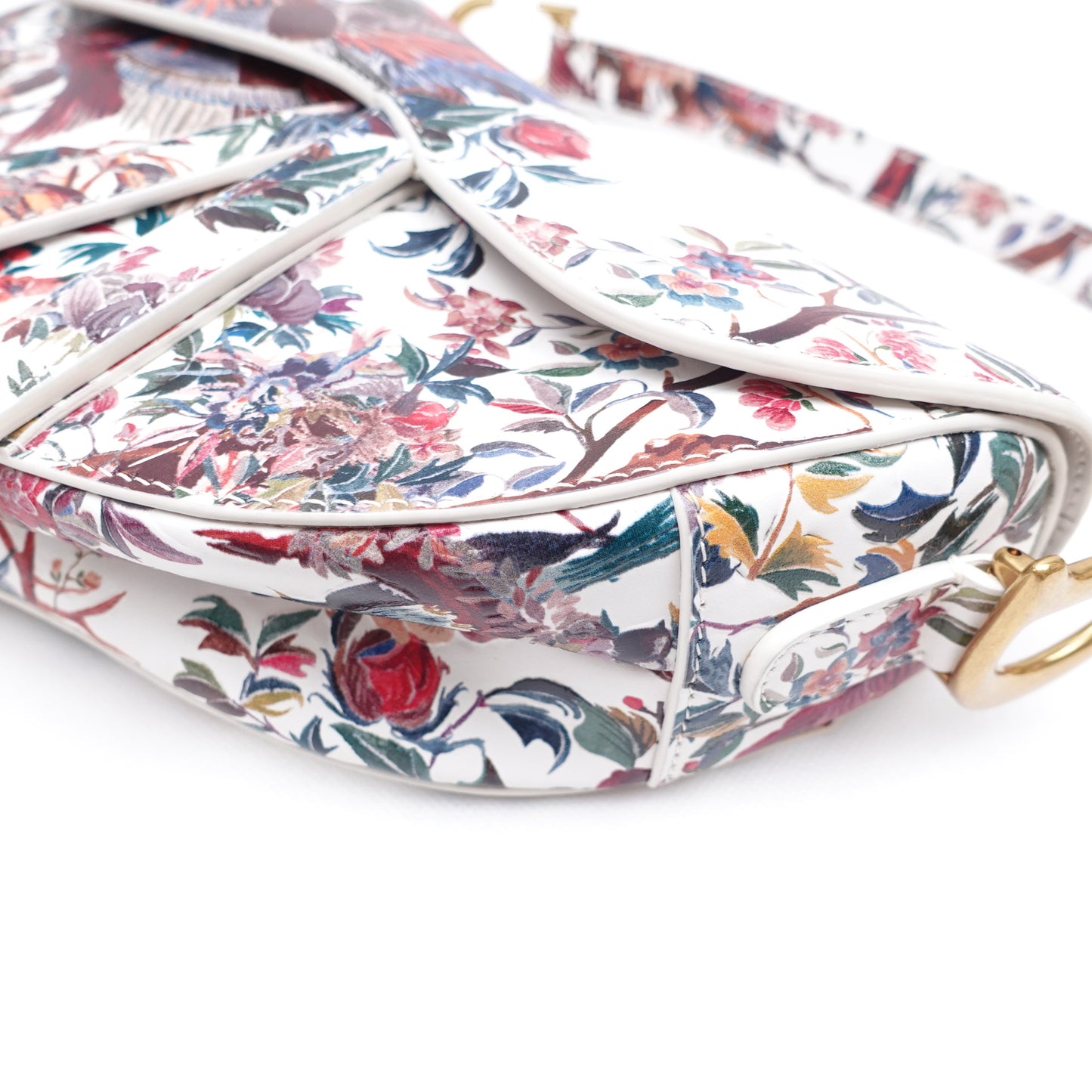 Pre-owned Dior Saddle Floral White Calfskin Shoulder Bag