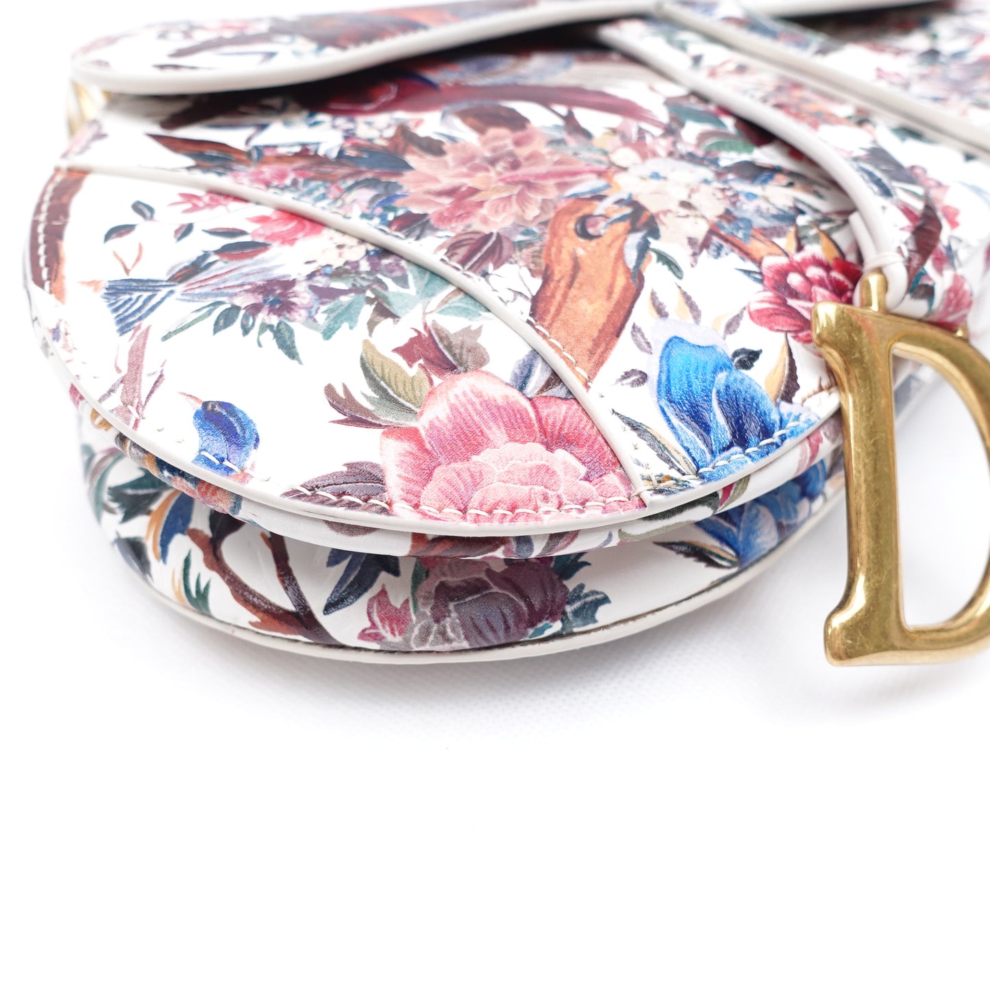 Pre-owned Dior Saddle Floral White Calfskin Shoulder Bag
