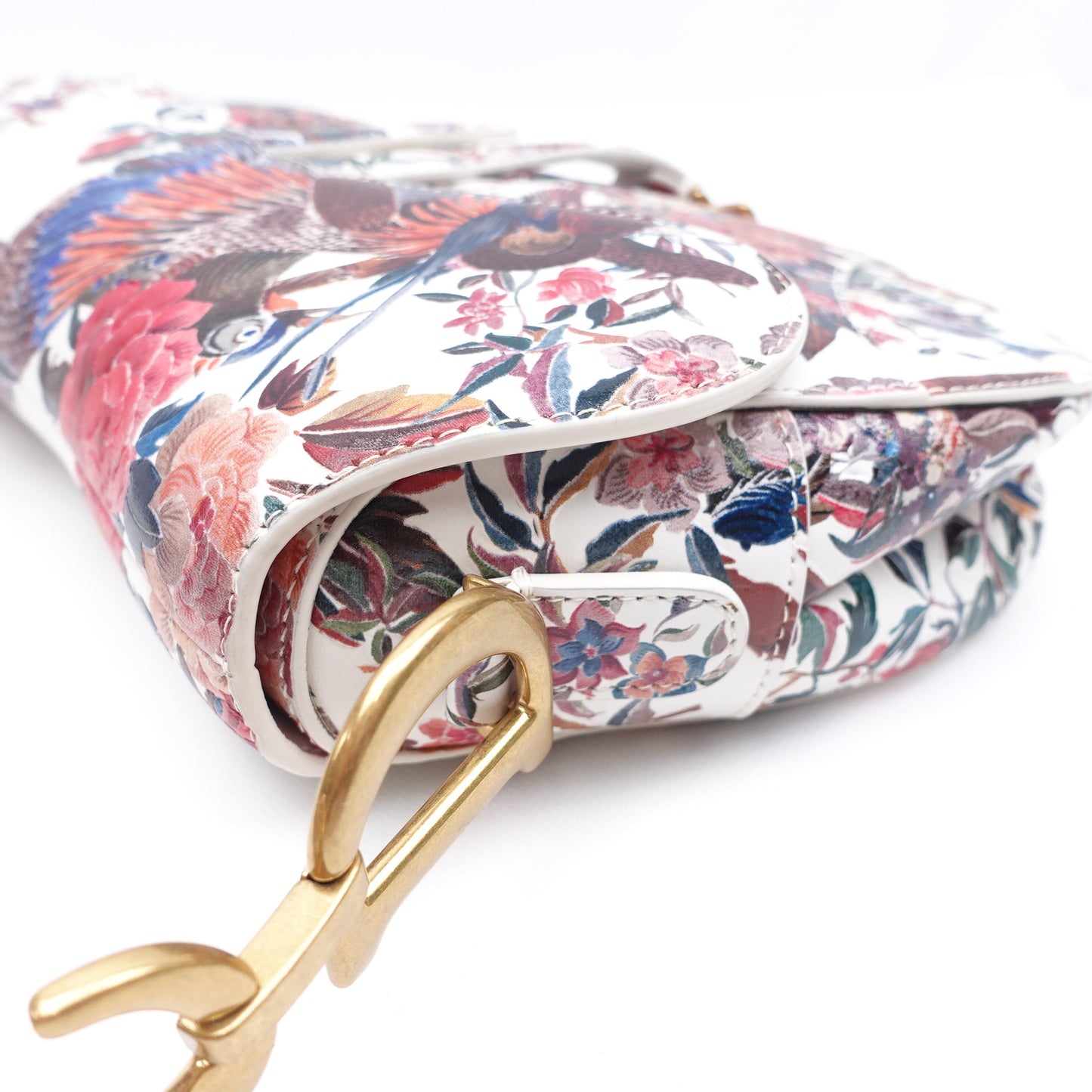 Pre-owned Dior Saddle Floral White Calfskin Shoulder Bag