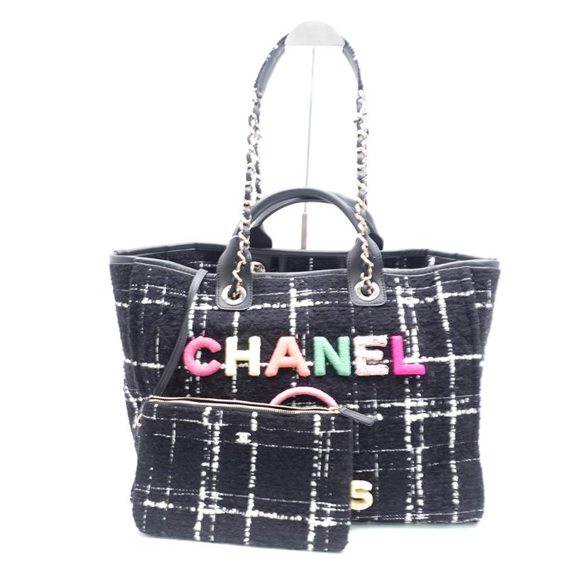 Pre-Owned Chanel Deauville Raindow Black Tweed Large Tote Bag