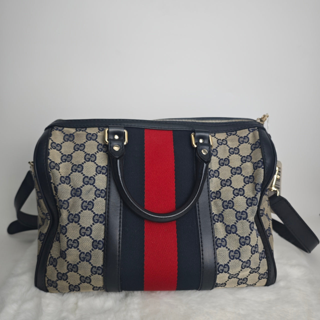 Pre-owned Gucci Monogram Vintage Web Medium Boston Canvas Shoulder Bag