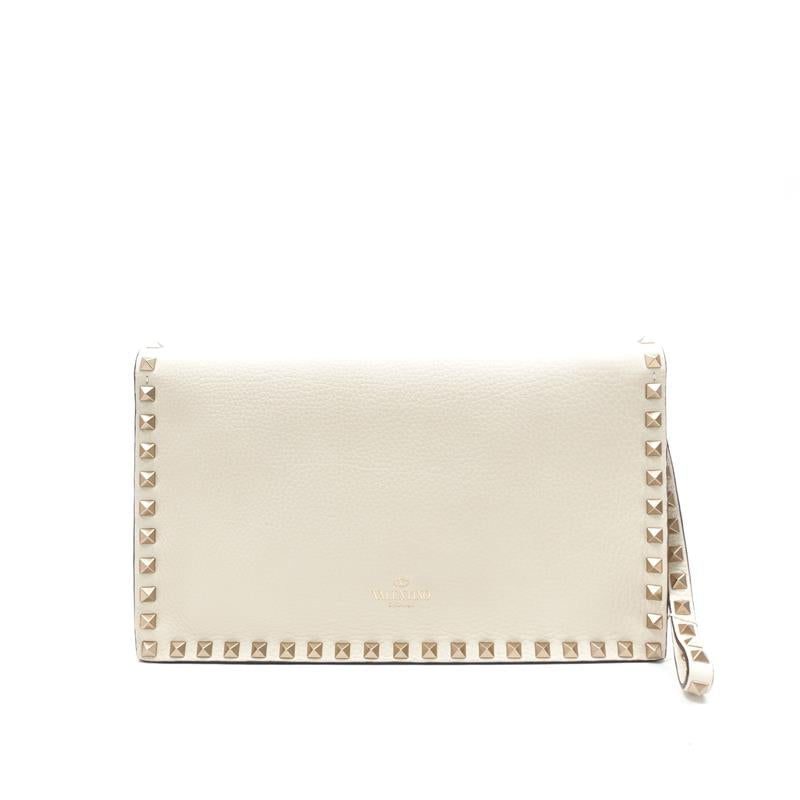 Pre-owned Valentino Rockstud White Calfskin Wrislet Clutch